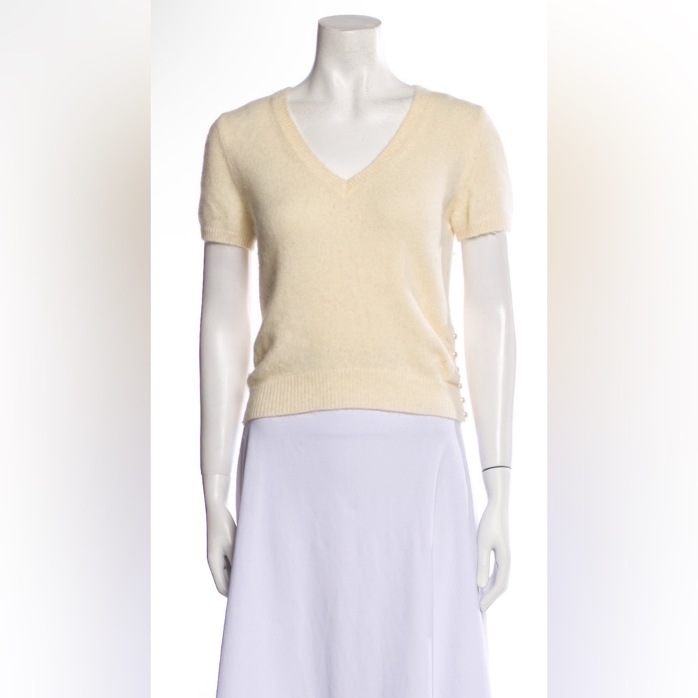 CHRISTIAN DIOR Angora Short Sleeve Sweater Blouse Faux Pearl Buttons Vintage